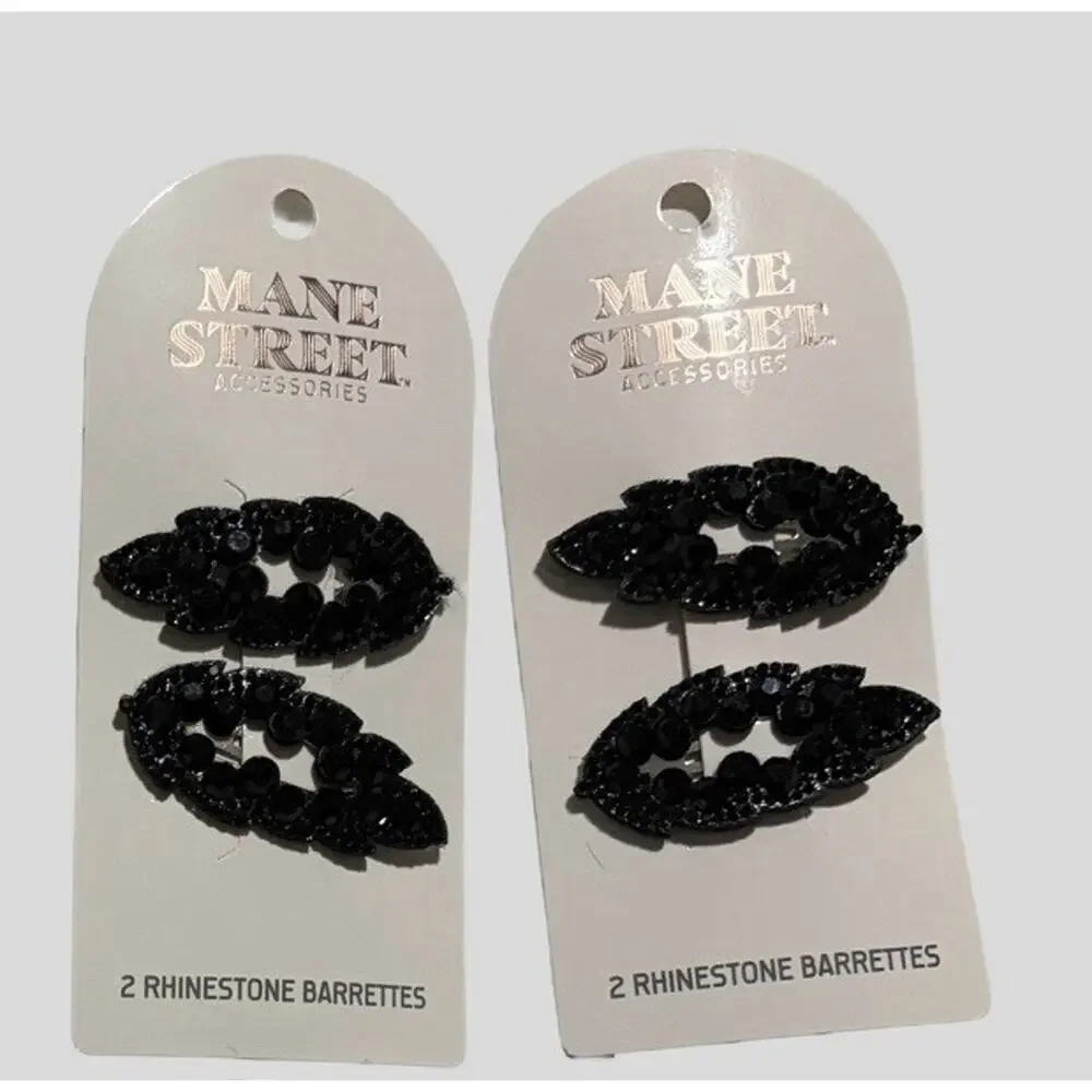Mane Street Rhinestone Hair Barrettes Black Snap Clips Lot of 12 (6 Packs) NEW